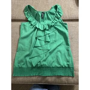 Womens Milano Blouse Top Tank Green Sleeveless Elastic Waist Ruffle Scoop Neck M